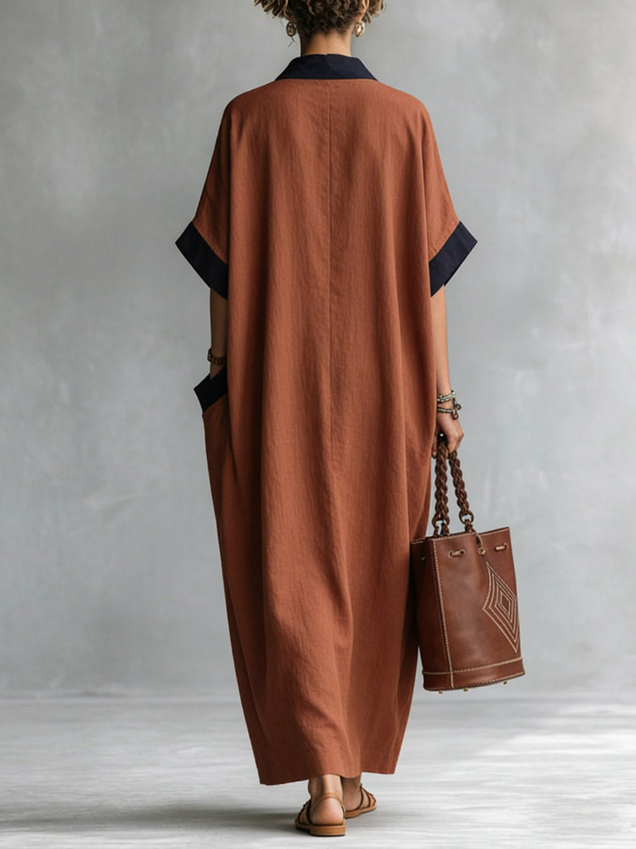 Women's V-neck Sleeve Casual Loose Cotton Linen Dress