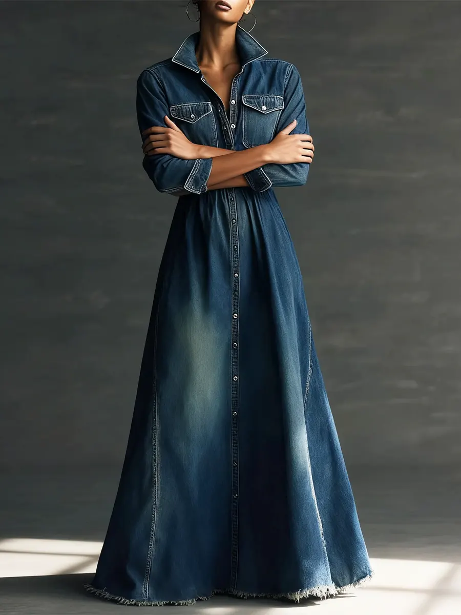 Women Stylish Art Stand Collar Washed Denim Midi Dress