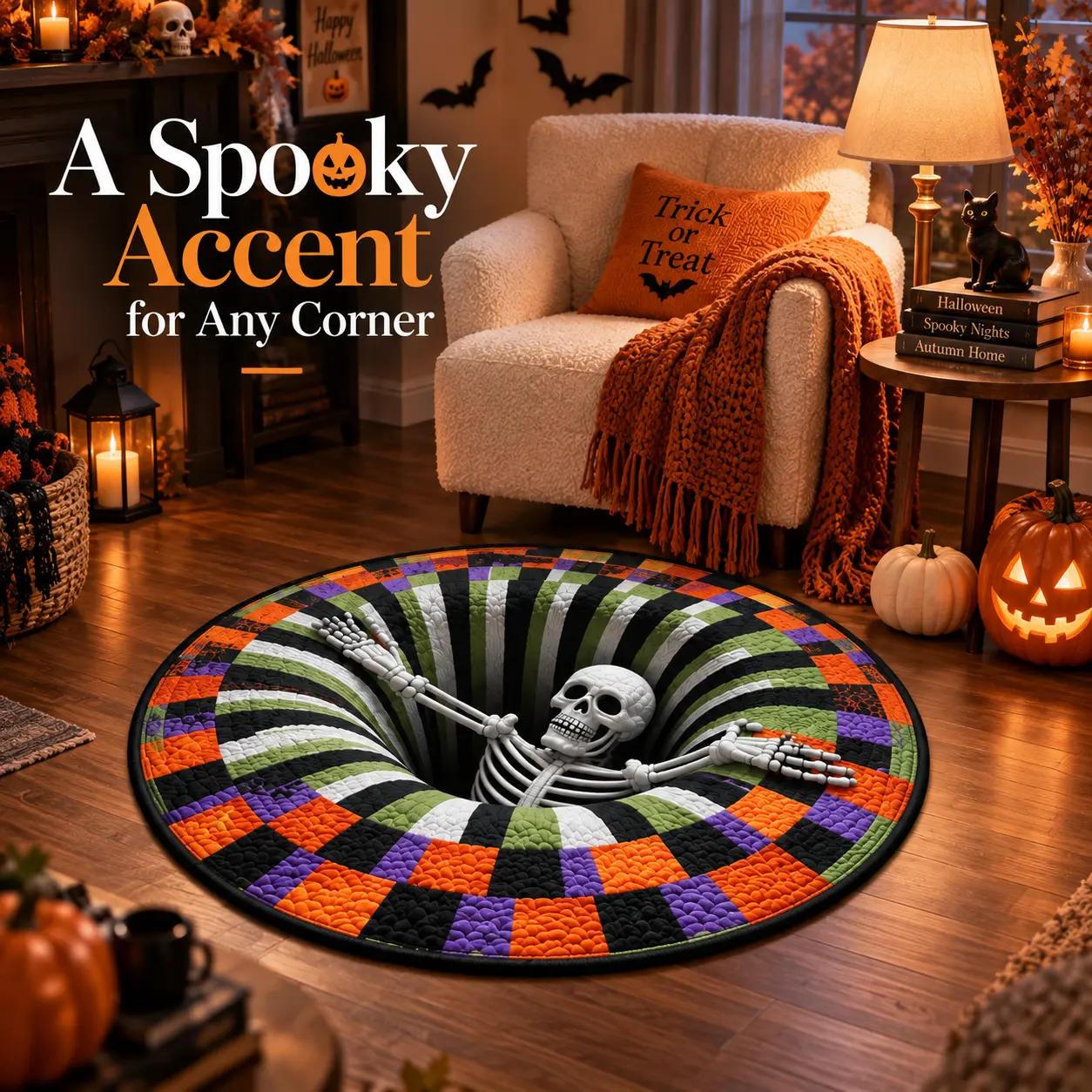 3D Skeleton Optical Illusion Halloween Round Rug, Non-Slip Floor Mat