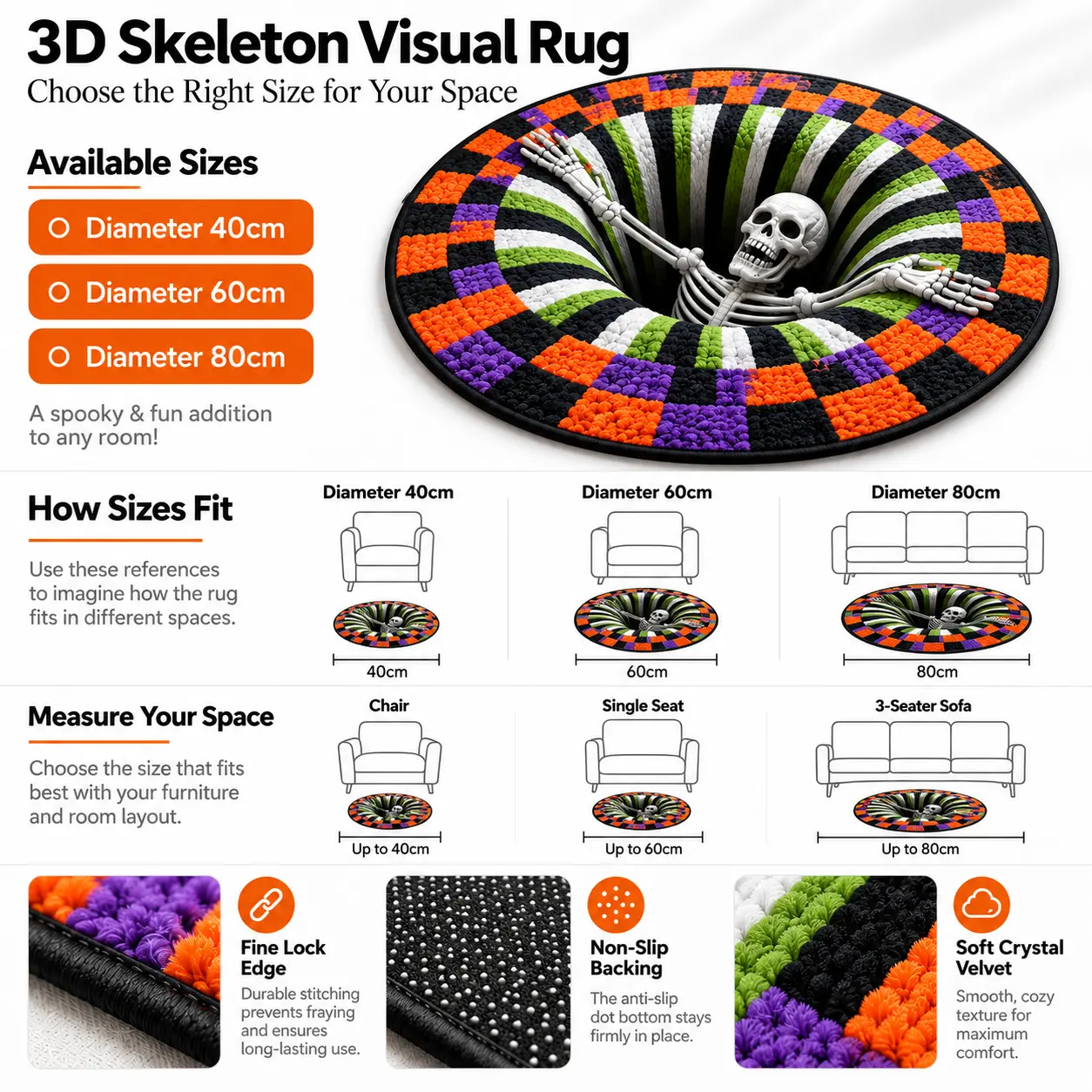 3D Skeleton Optical Illusion Halloween Round Rug, Non-Slip Floor Mat