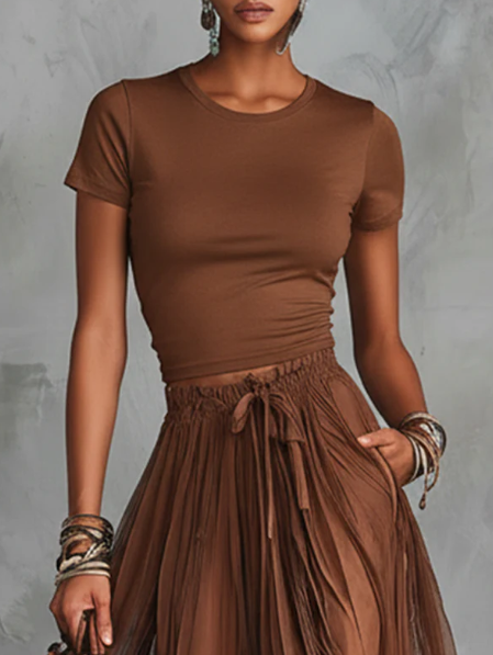 Stylish Stretch T-shirt And Lace-trimmed Skirt Two-piece Set
