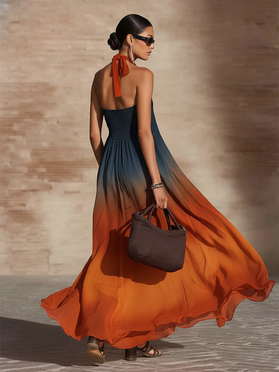 Elegant Halter Neck Gradient Loose Maxi Dress