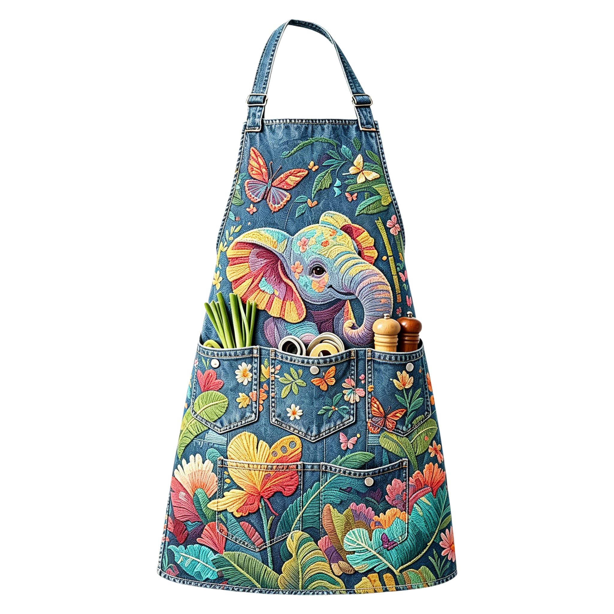 Rainforest Baby Elephant & Butterflies Utility Halter Embroidered Apron