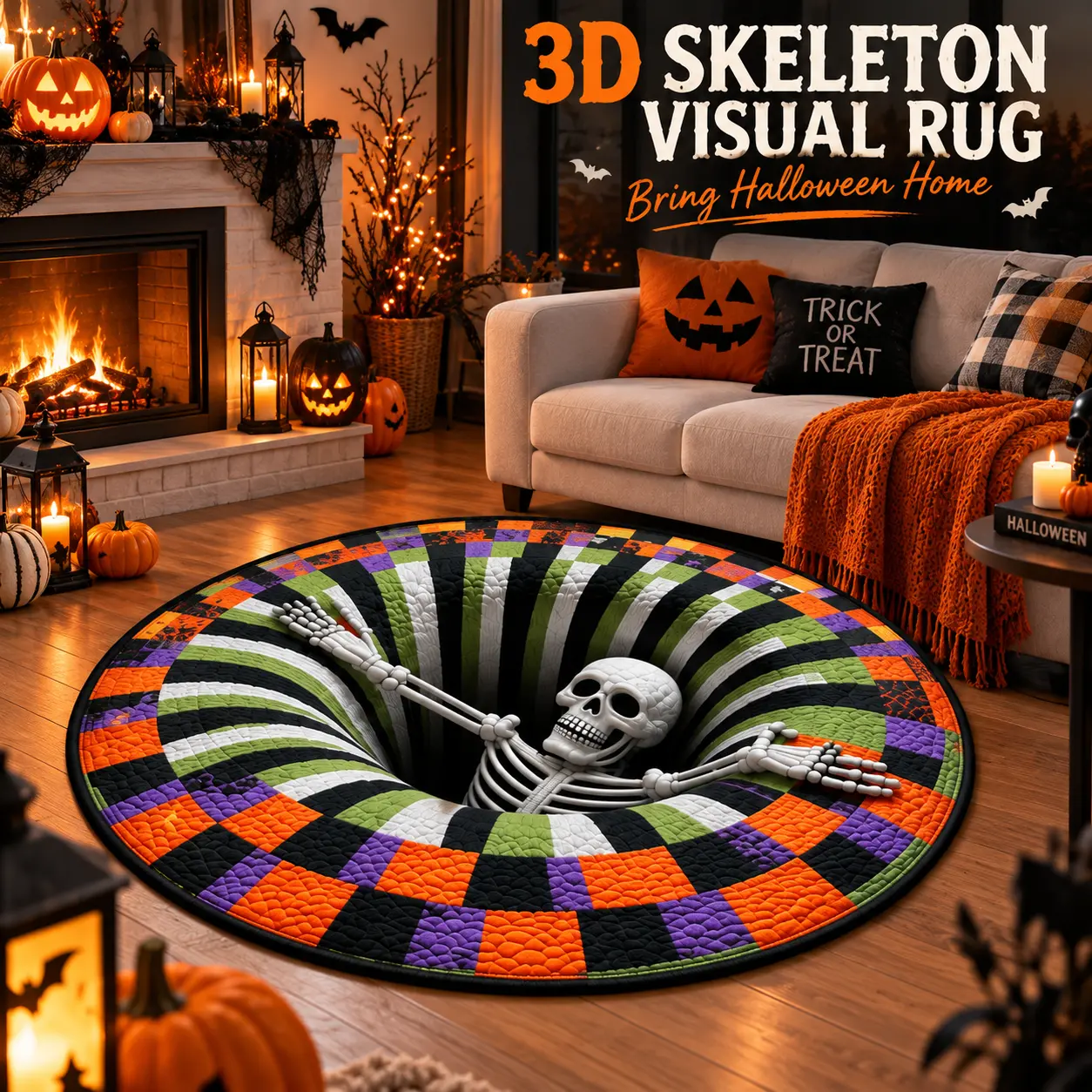 3D Skeleton Optical Illusion Halloween Round Rug, Non-Slip Floor Mat