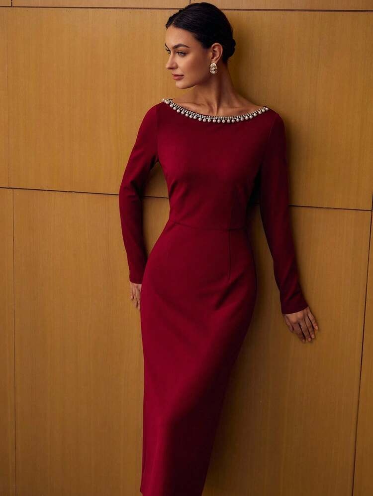 Pearl-Trimmed Burgundy Midi Dress