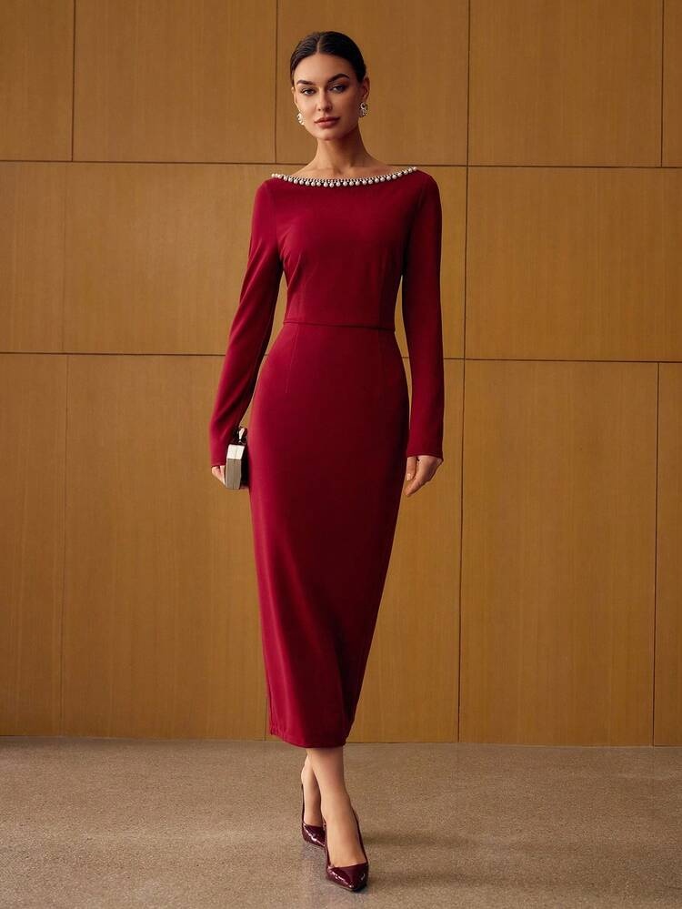 Pearl-Trimmed Burgundy Midi Dress