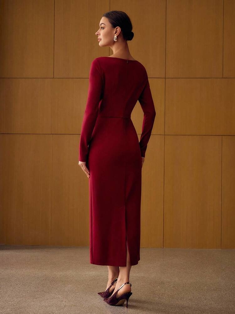 Pearl-Trimmed Burgundy Midi Dress