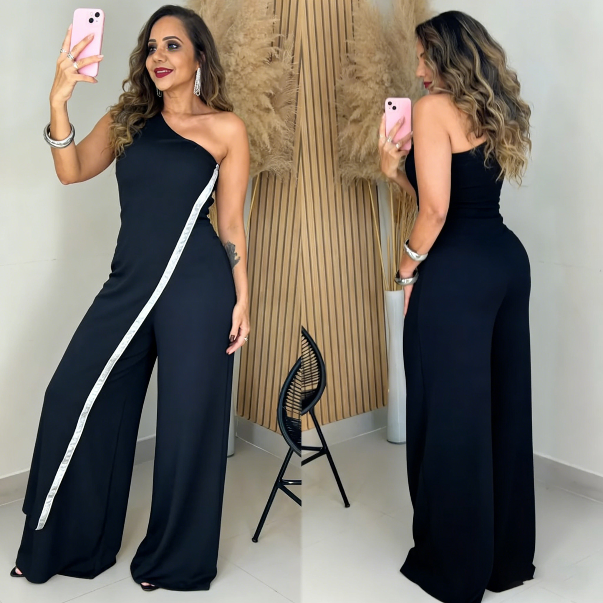 Black One-Shoulder Wide Leg Jumpsuit with Silver Trim