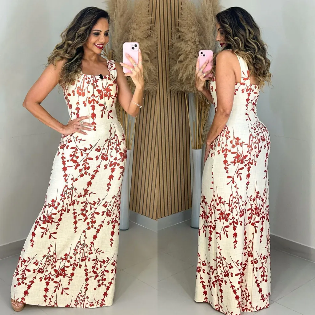 Red Botanical Print - Stripe Square Neck Maxi Dress