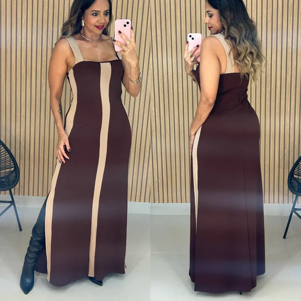 Brown & Beige Vertical Stripe Square Neck Maxi Dress