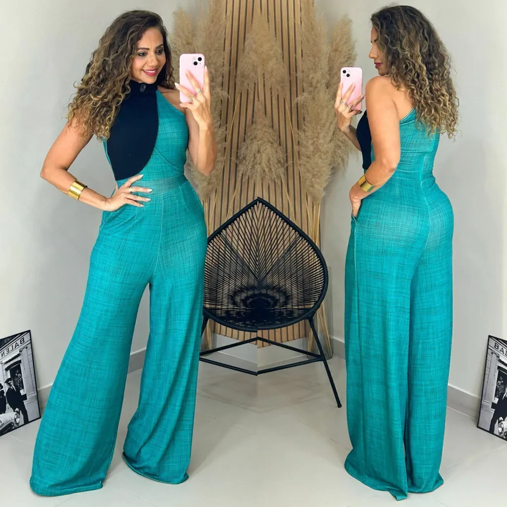 Teal Color Block Halter Wide Leg Jumpsuit