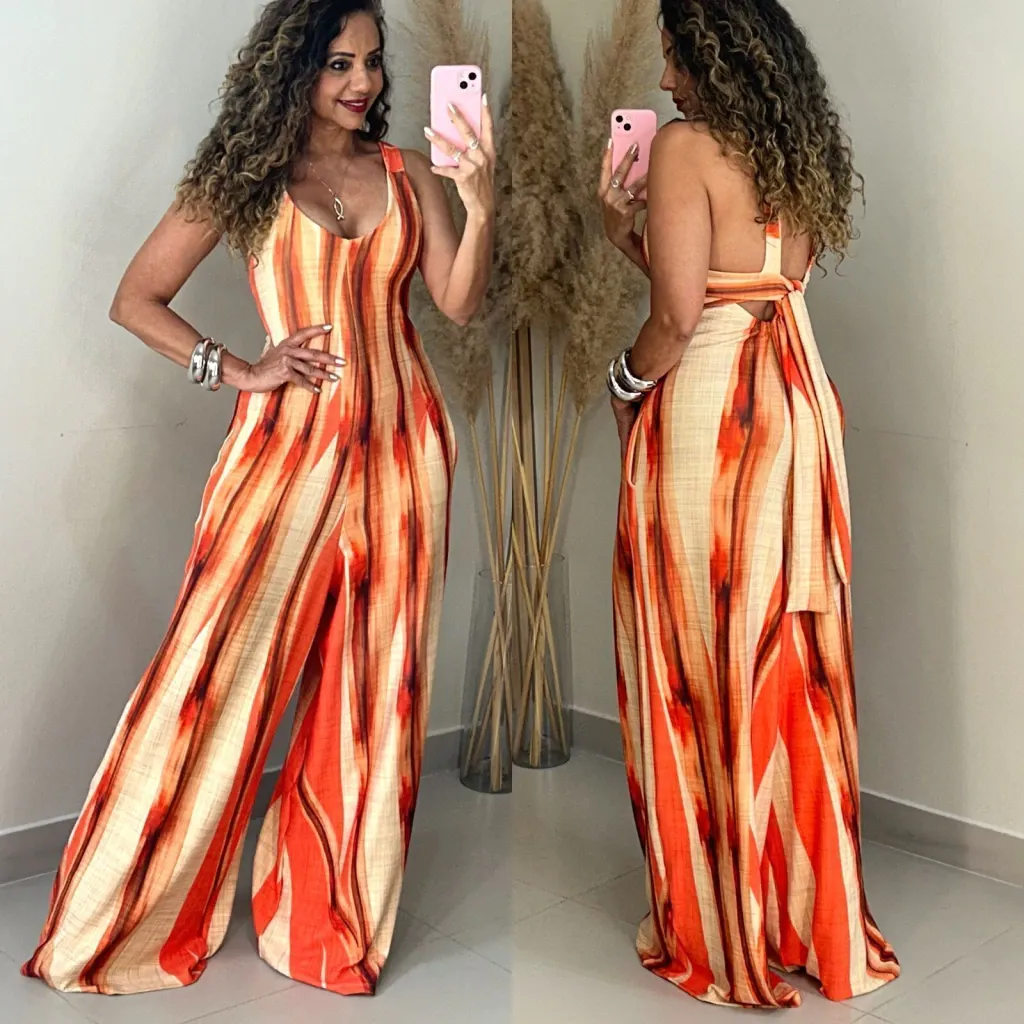 Orange & Red Stripe Print Halter Backless Wide Leg Jumpsuit