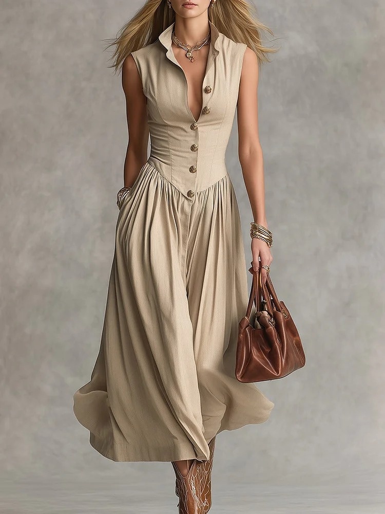 Long Button-Front Flowing Slim-Fit Dress