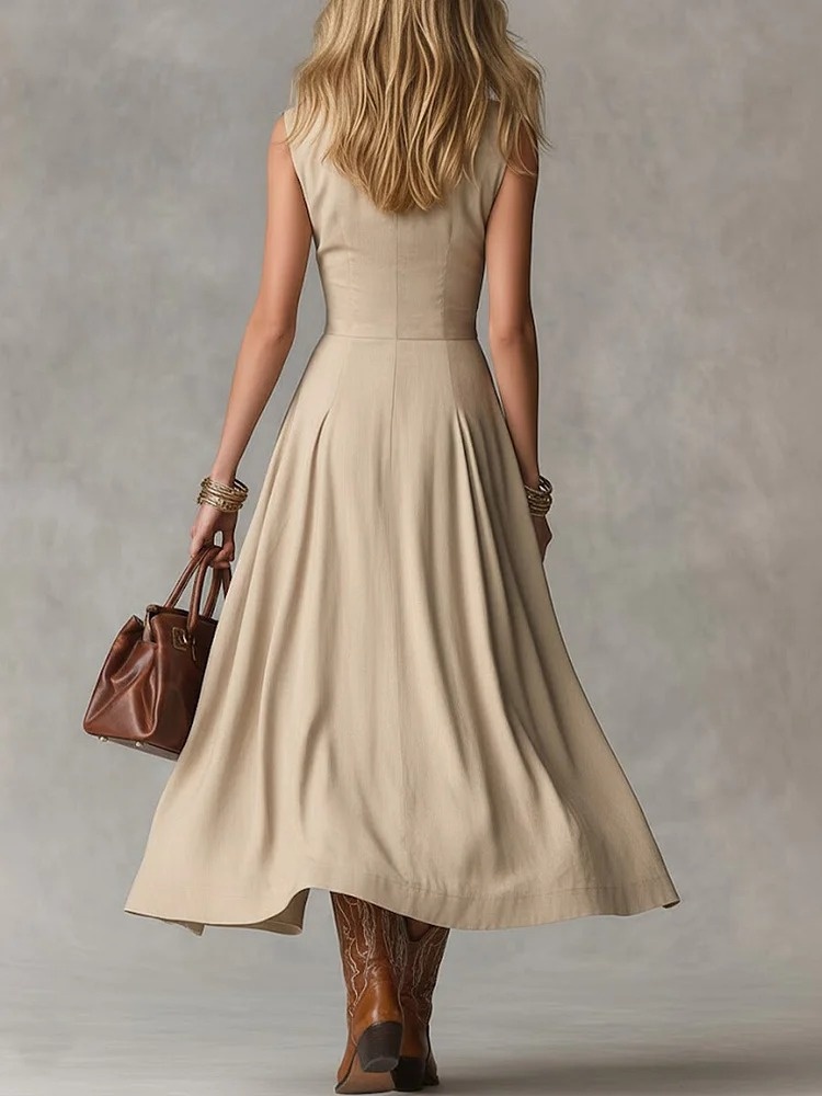 Long Button-Front Flowing Slim-Fit Dress