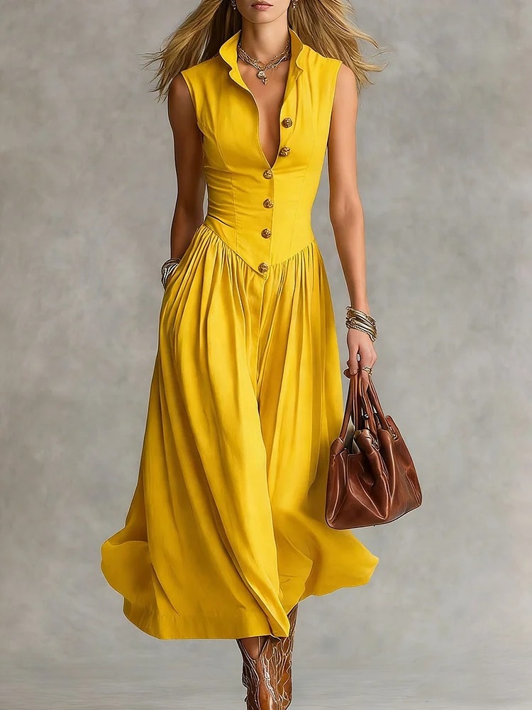 Long Button-Front Flowing Slim-Fit Dress
