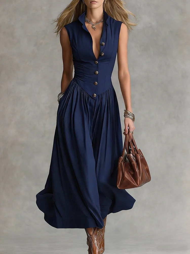 Long Button-Front Flowing Slim-Fit Dress