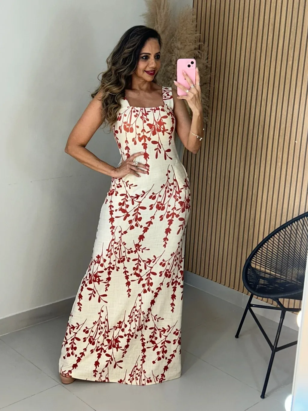 Red Botanical Print - Stripe Square Neck Maxi Dress