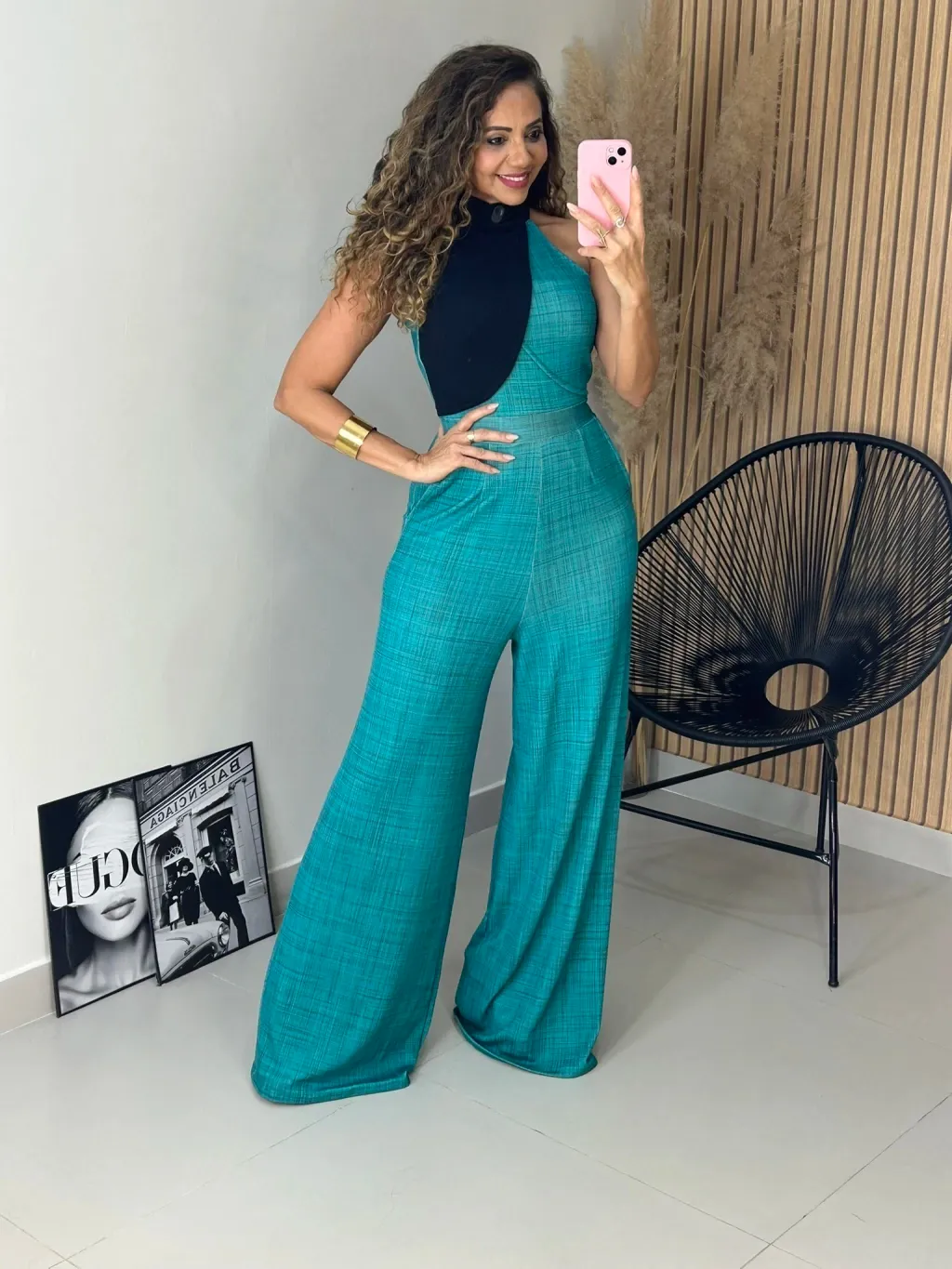 Teal Color Block Halter Wide Leg Jumpsuit