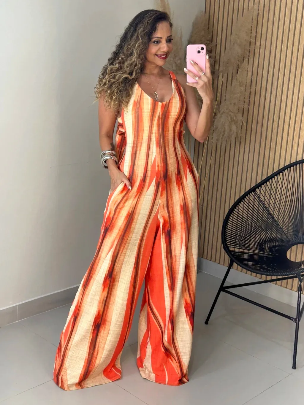 Orange & Red Stripe Print Halter Backless Wide Leg Jumpsuit
