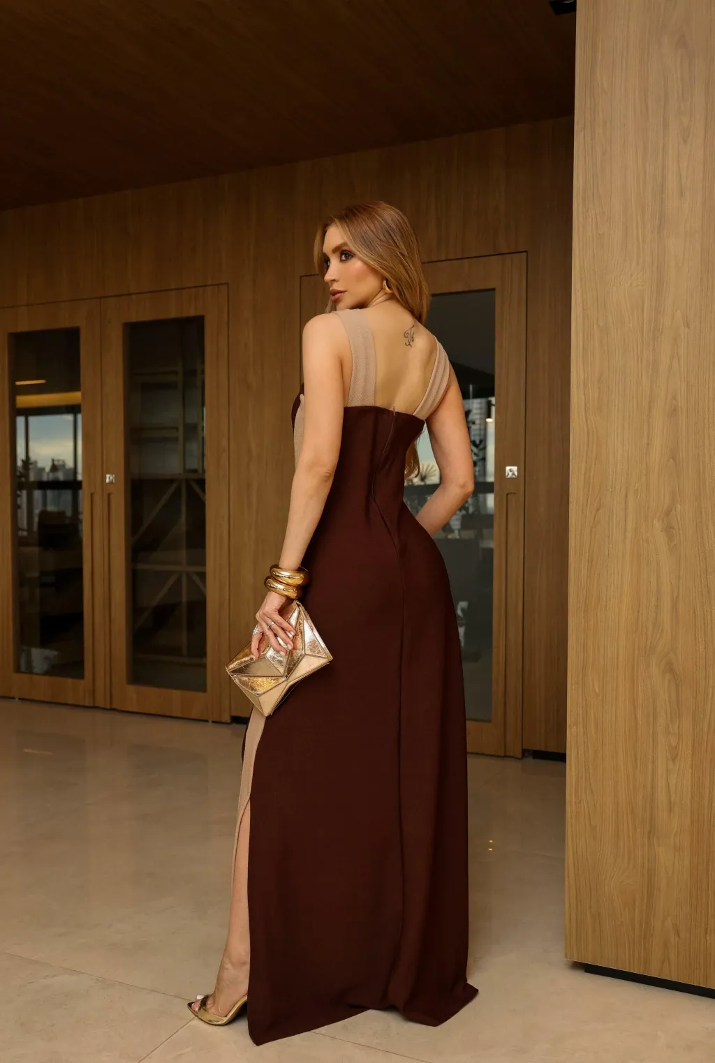 Brown & Beige Vertical Stripe Square Neck Maxi Dress