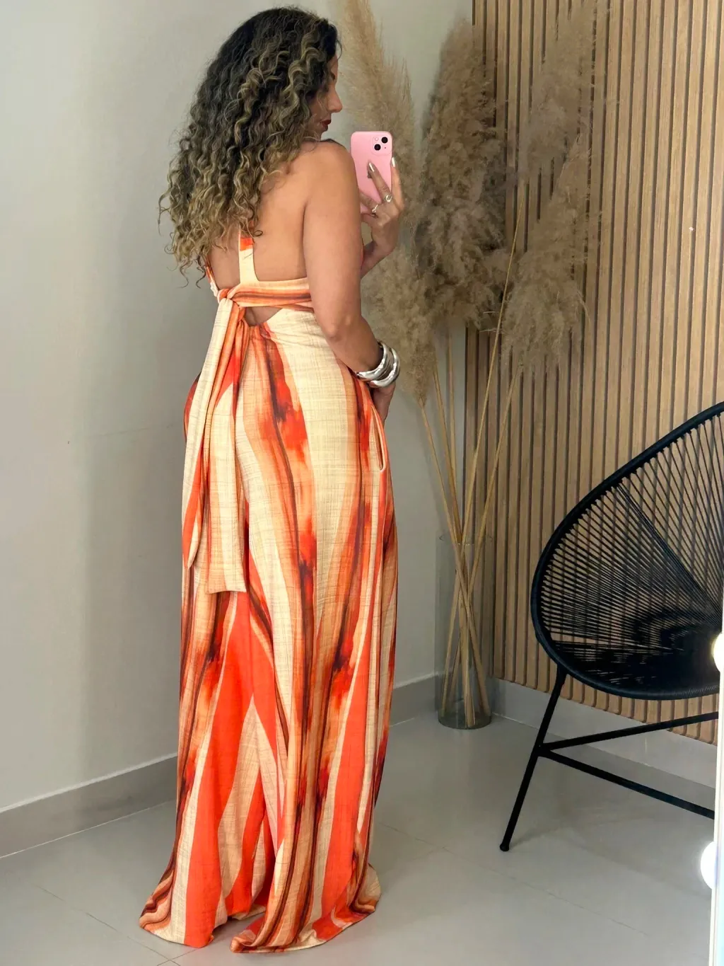 Orange & Red Stripe Print Halter Backless Wide Leg Jumpsuit