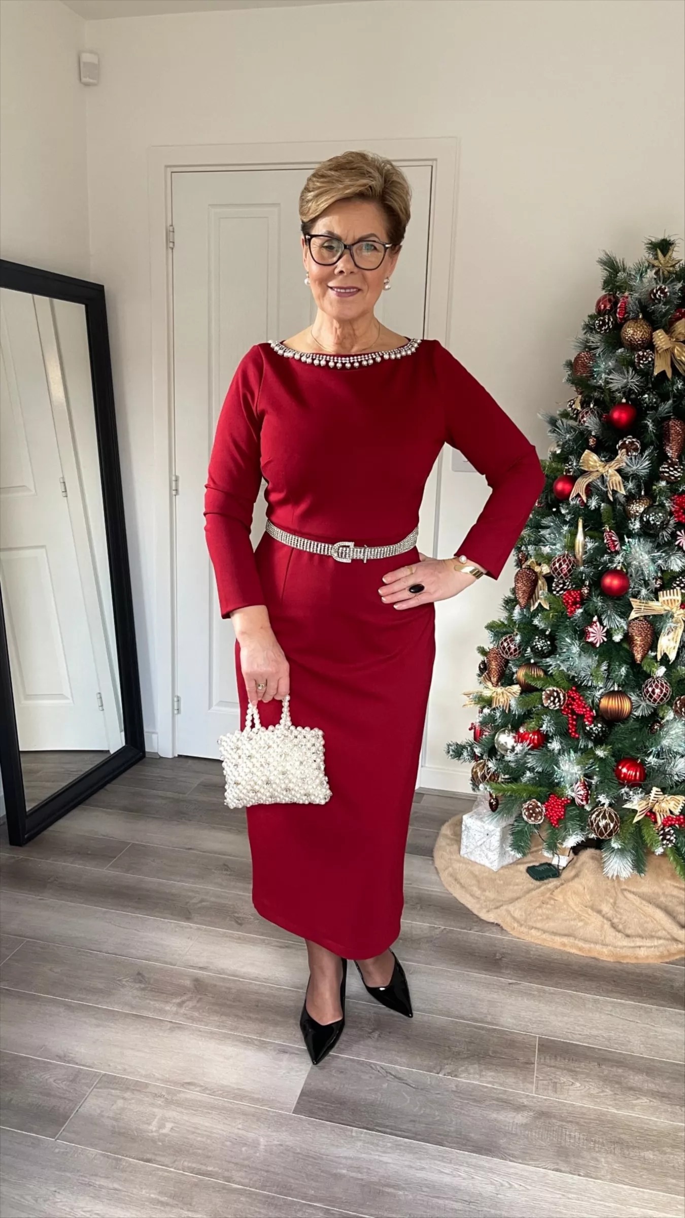 Pearl-Trimmed Burgundy Midi Dress