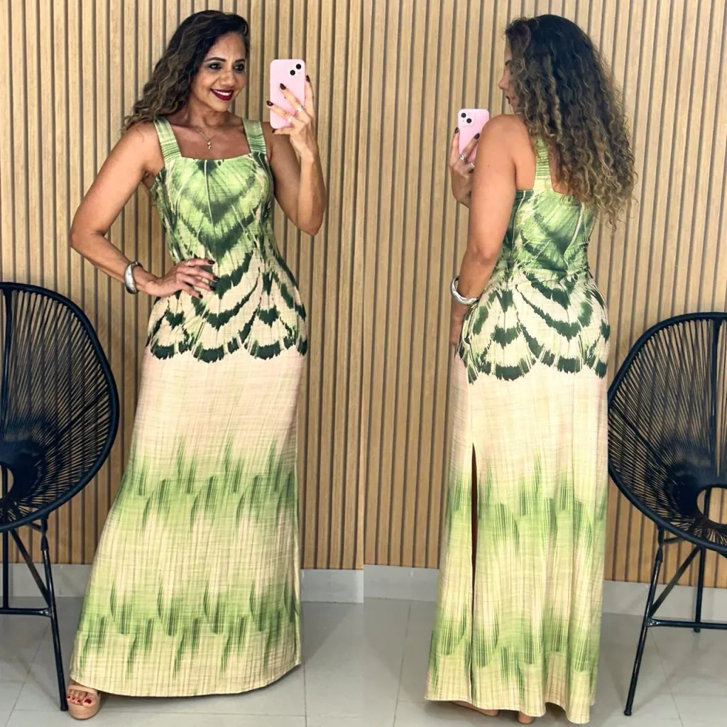 Green & Beige Tie-Dye - Square Neck Maxi Dress
