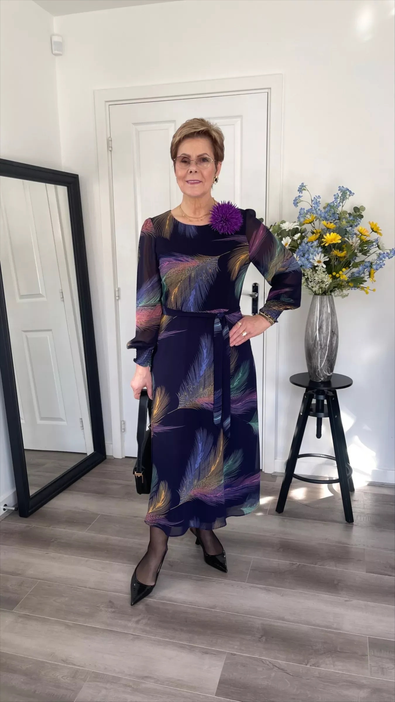 Navy Feather Print Chiffon Maxi Dress