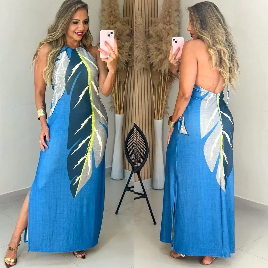 Vibrant Blue Leaf Print Sleeveless Halter Dress
