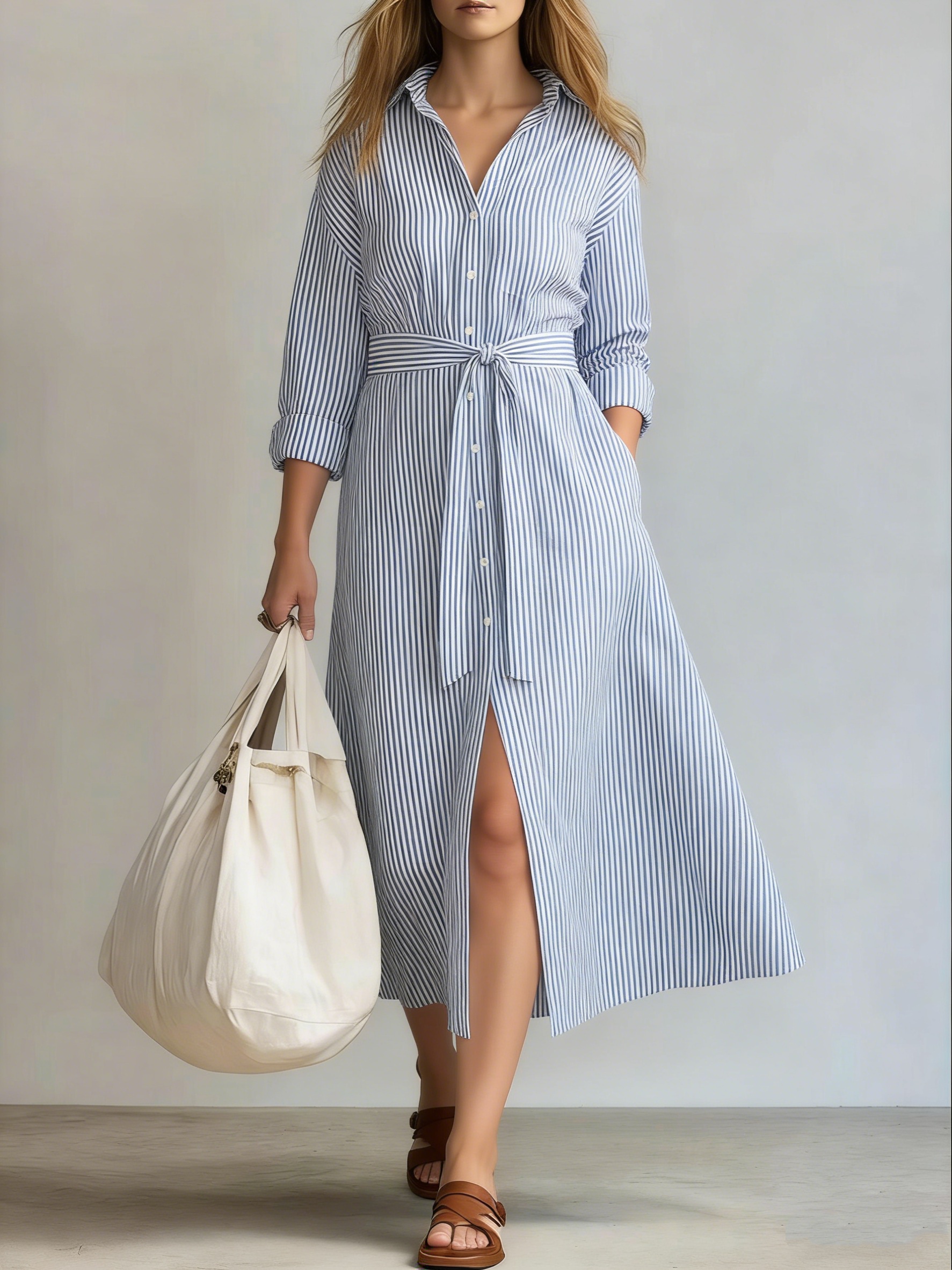 Blue Striped Belted Shirt Dress