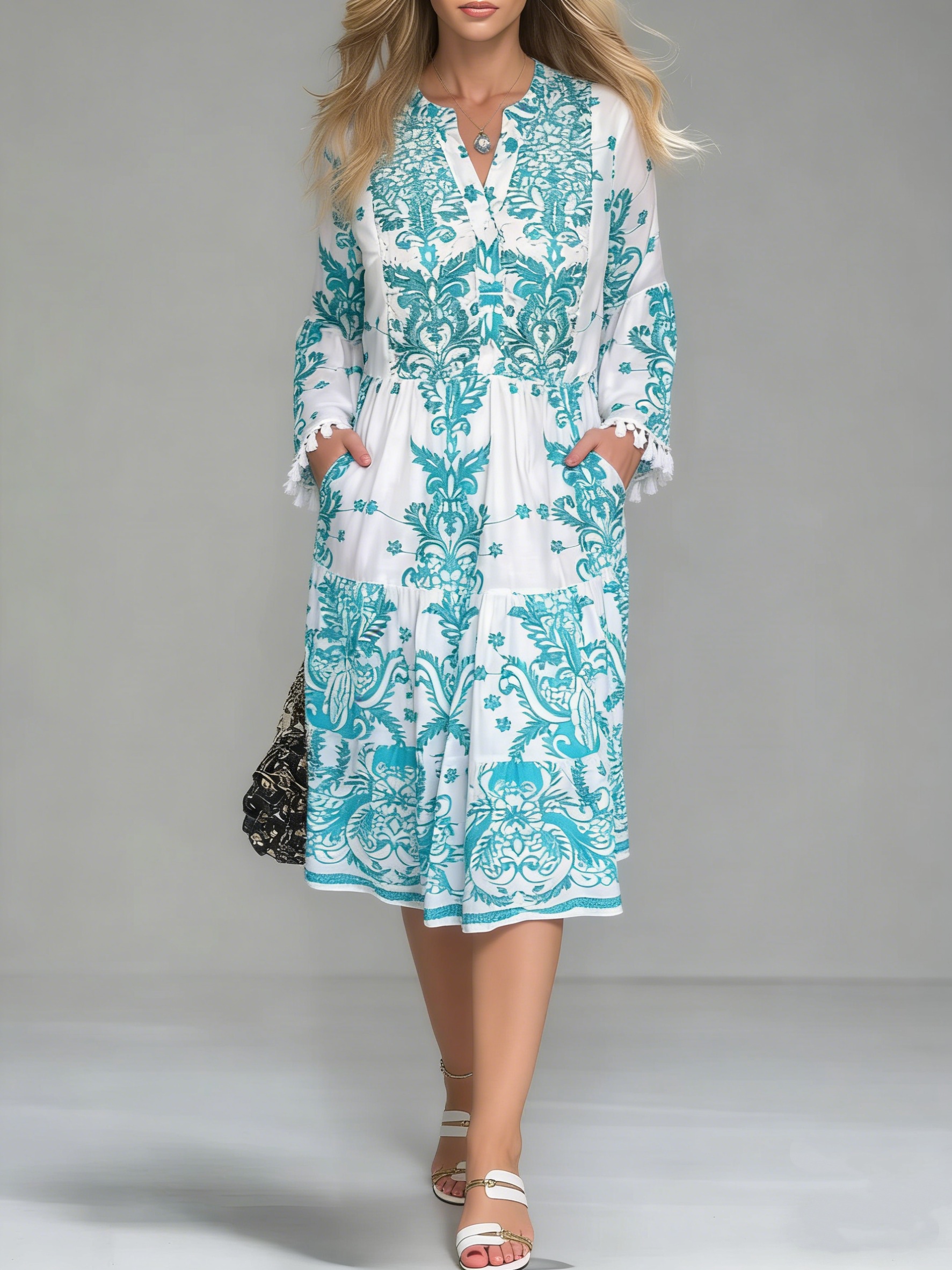 Turquoise Embroidered Tiered Midi Dress