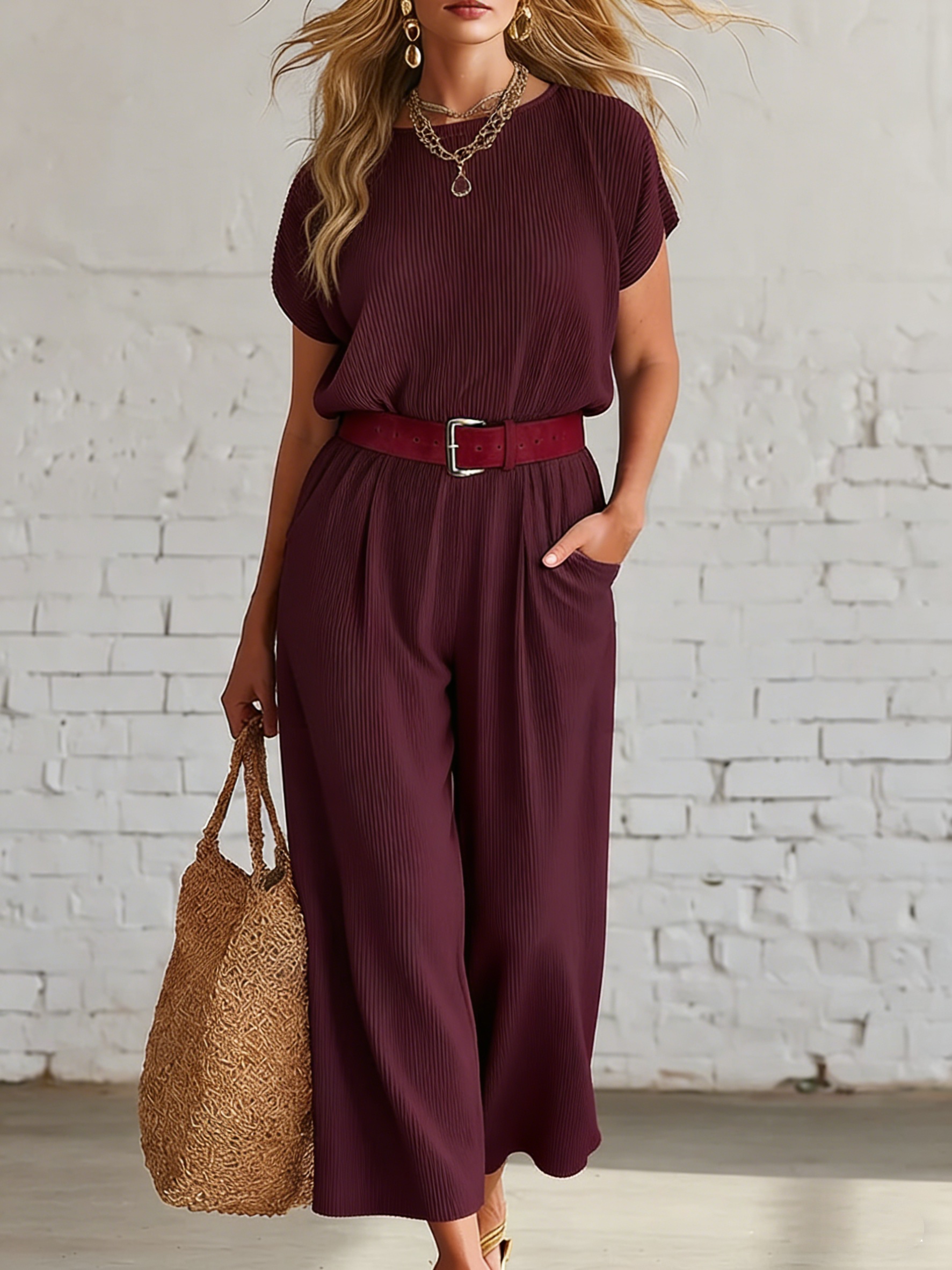 Elegant Red Wine Pleated Jumpsuit