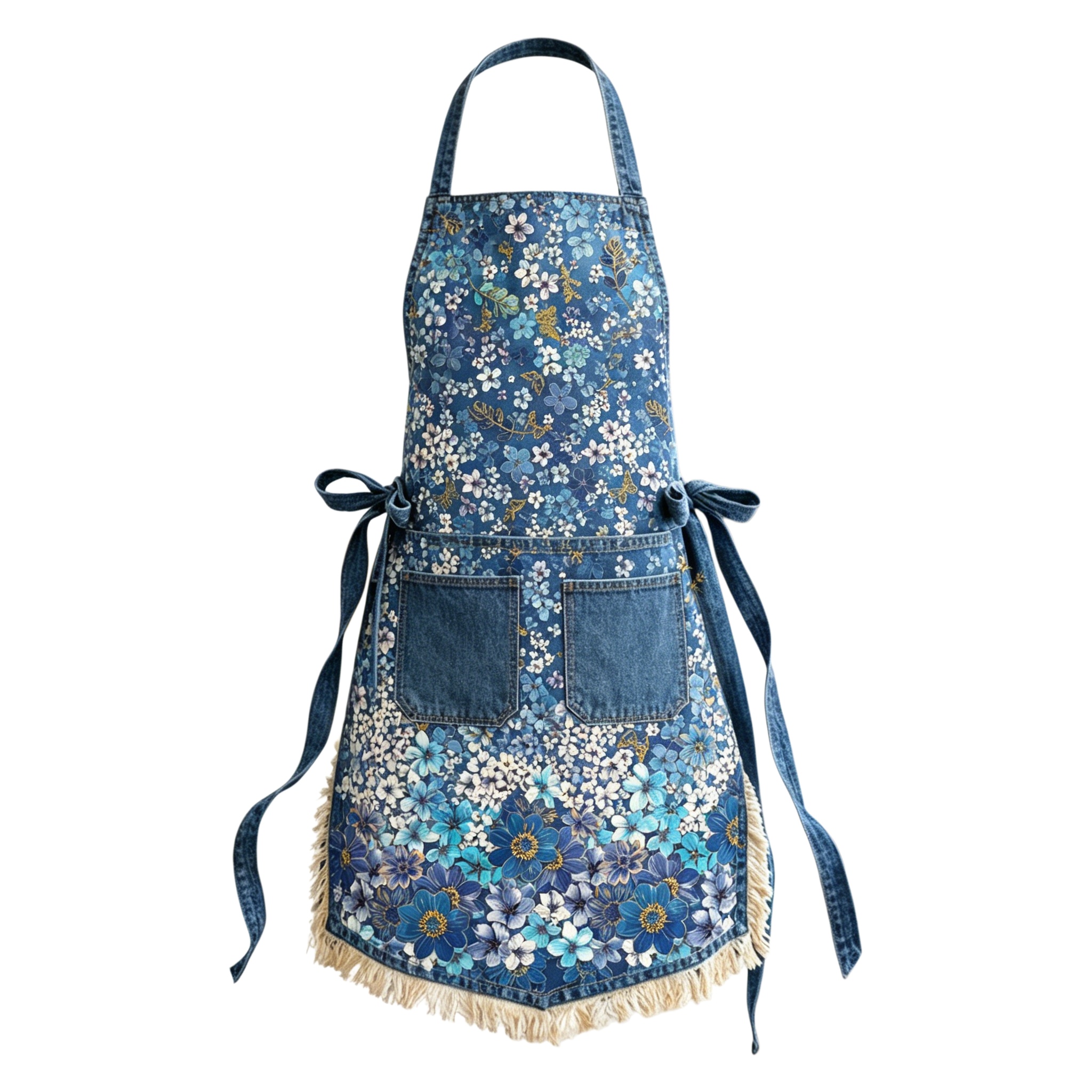 Serene Blue Wildflower Meadow Fringe Elegant Ribbon Embroidered Apron