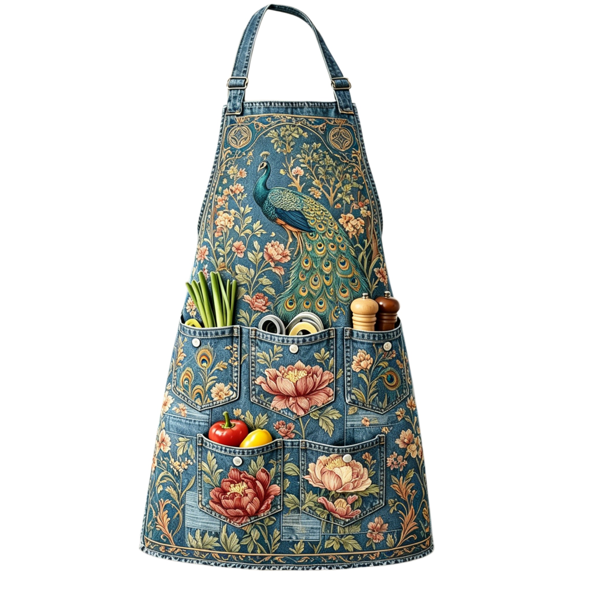 Regal Peacock & Vintage Peony Botanical Utility Halter Embroidered Apron