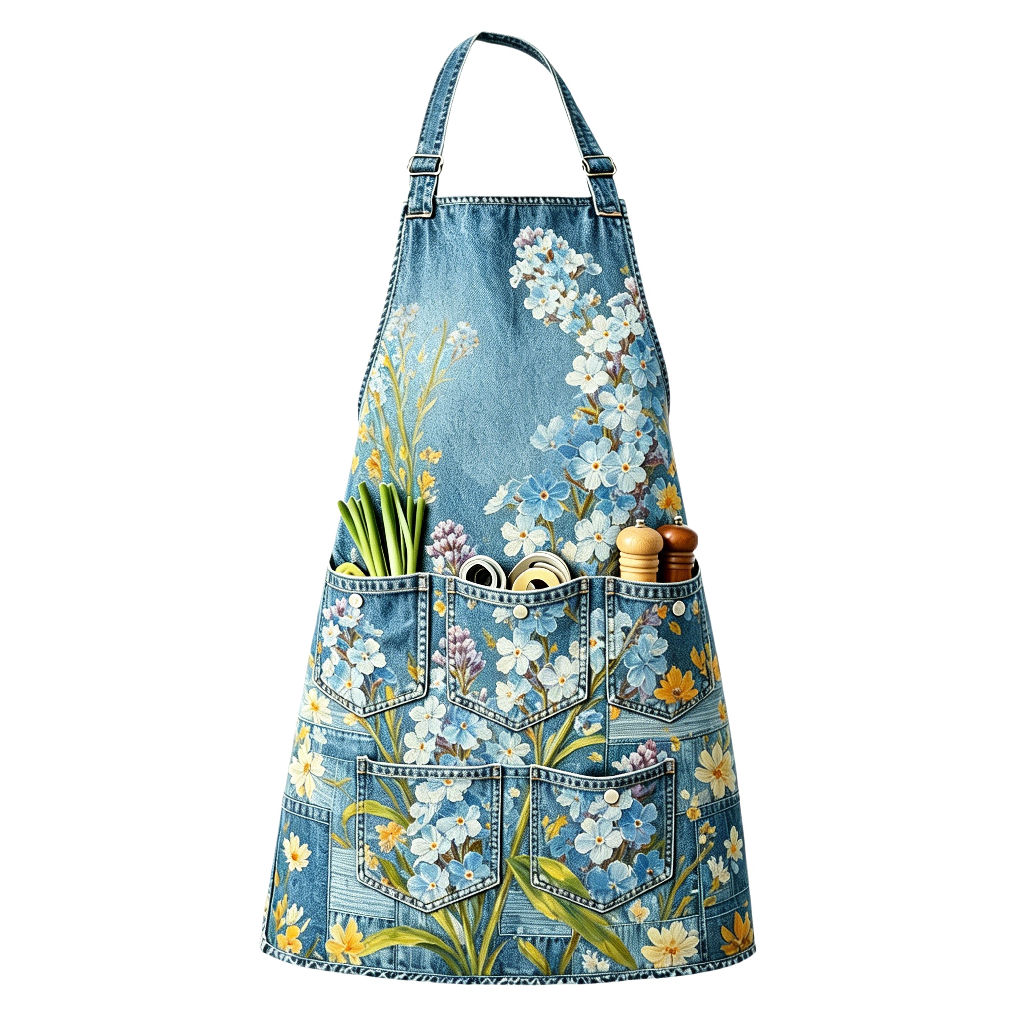 Delicate Forget-Me-Not Floral Breeze Utility Halter Embroidered Apron