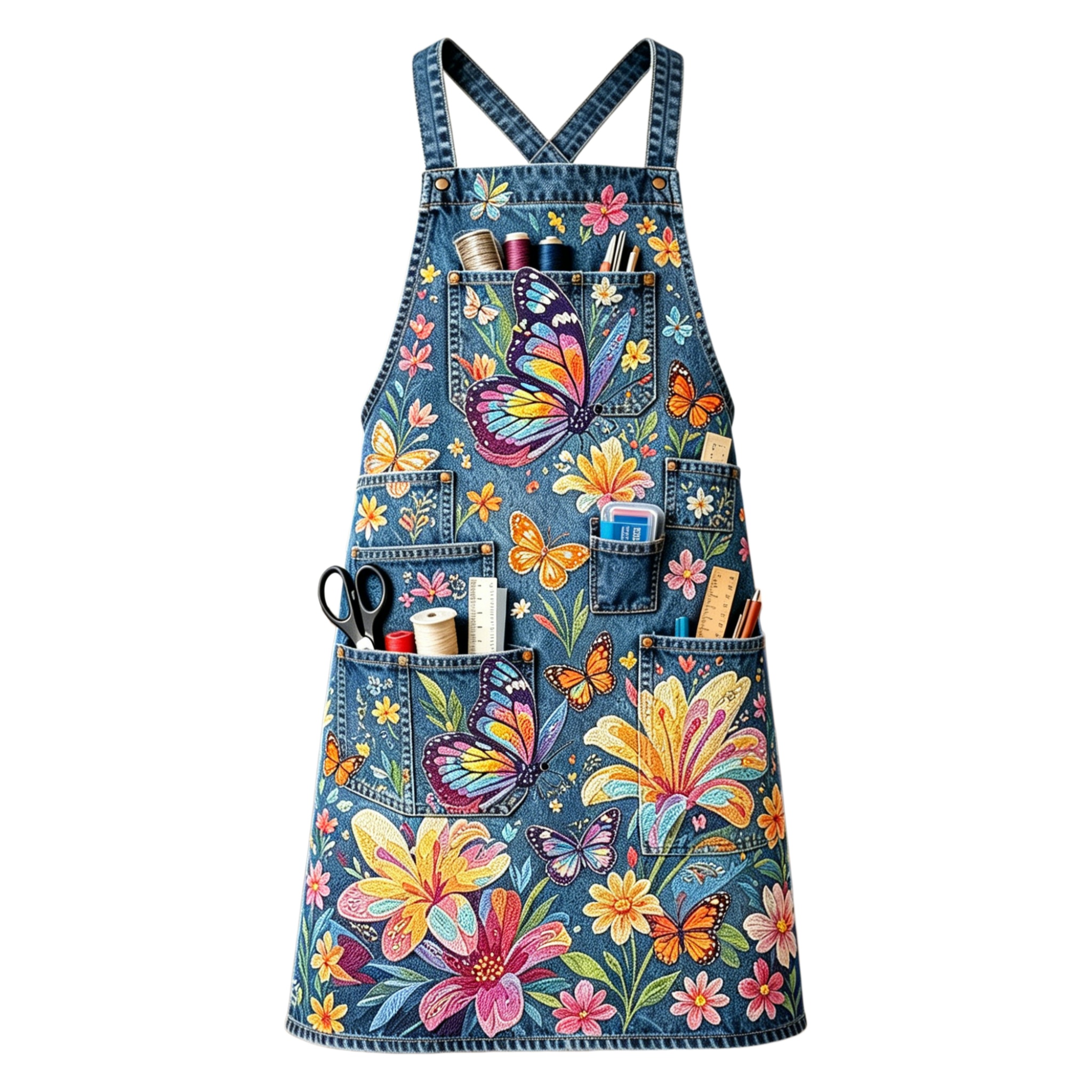 Vibrant Boho Butterfly & Wildflower Garden Multi-pocket Cross-back Embroidered Apron