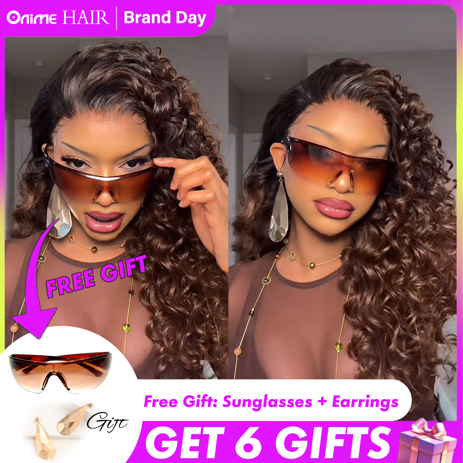 Onimehair™Wear And Go Glueless Wig Pre-Plucked Honey Blonde Curly Wig Human Hair Lace Front Wig 13x4 Highlights Afro Wig For Black Women