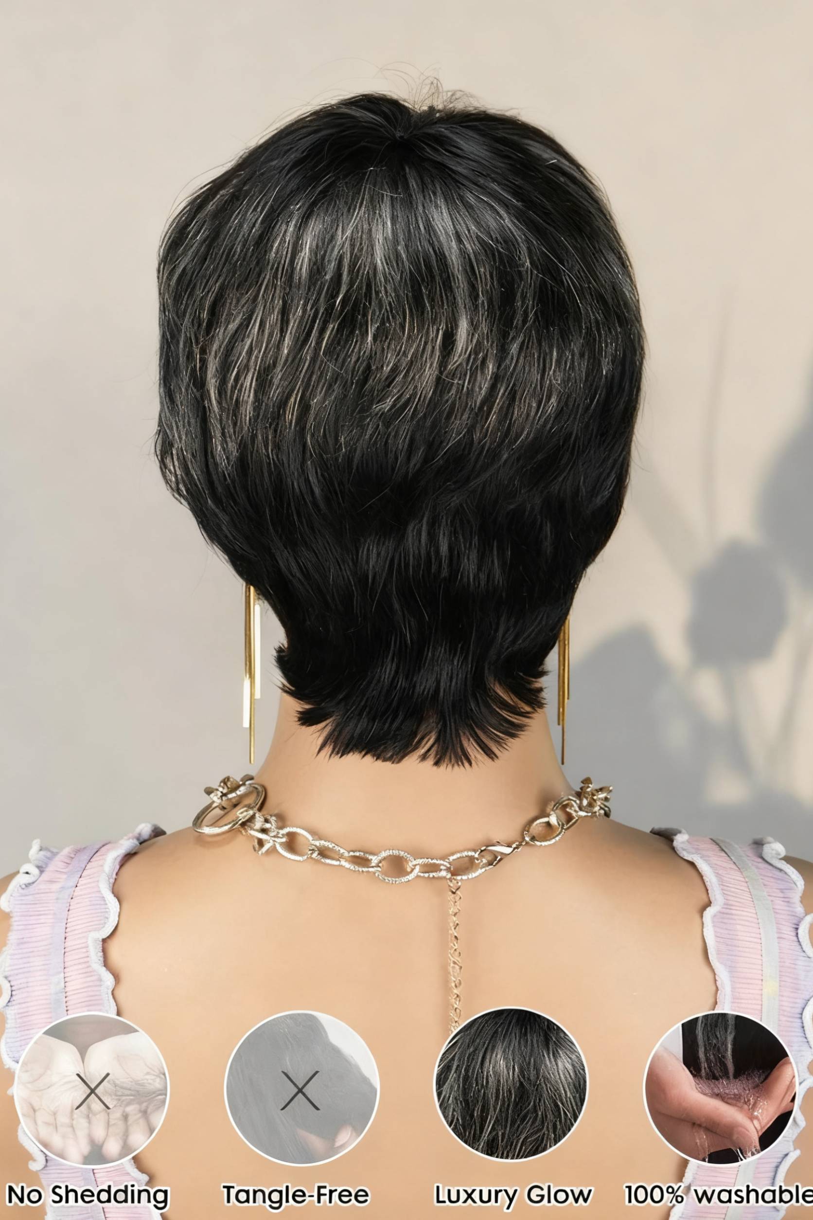 Onime #1B/GREY Salt and Peper Throw On & Go with Bangs Wig Pixie Cut Wig