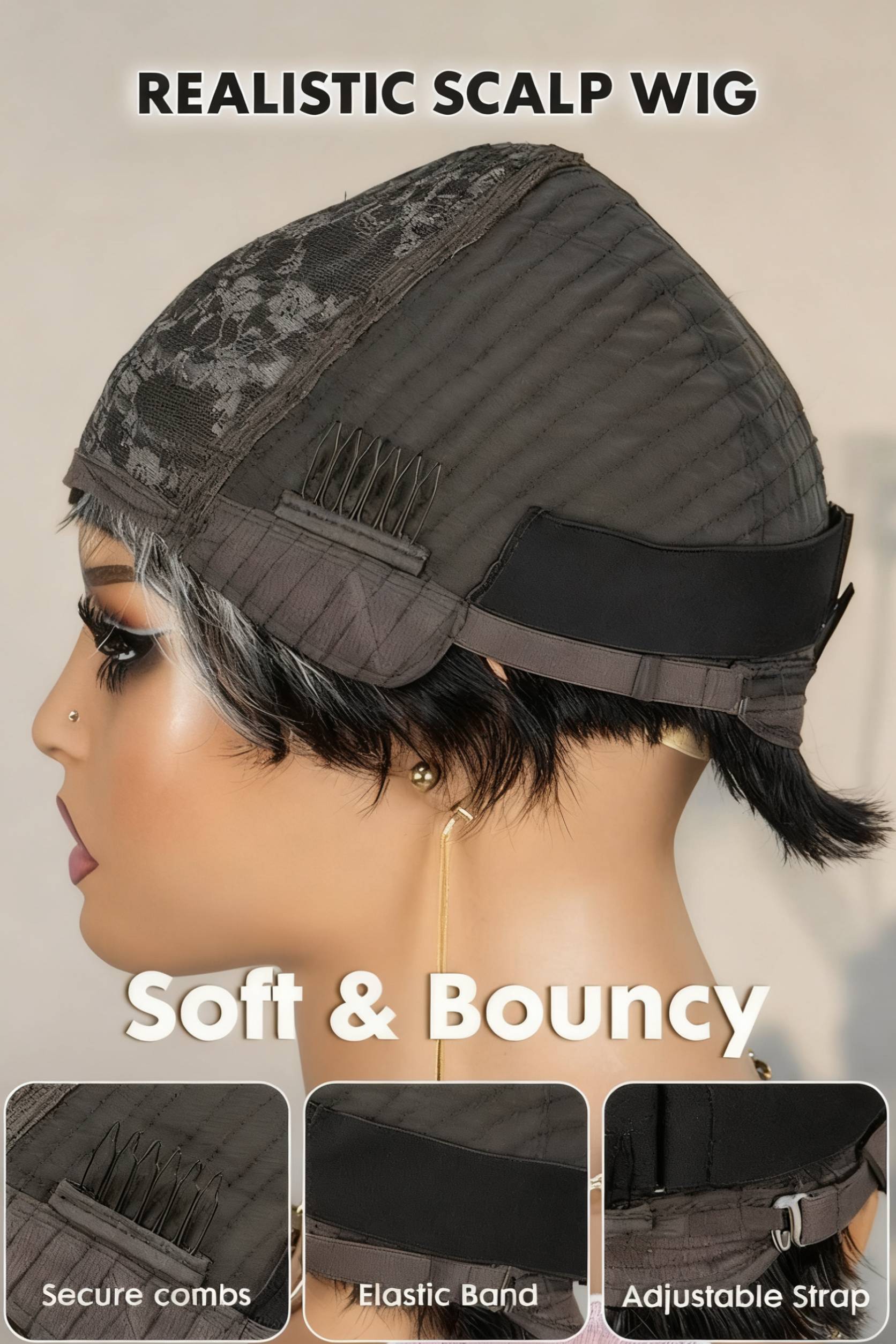 Onime #1B/GREY Salt and Peper Throw On & Go with Bangs Wig Pixie Cut Wig