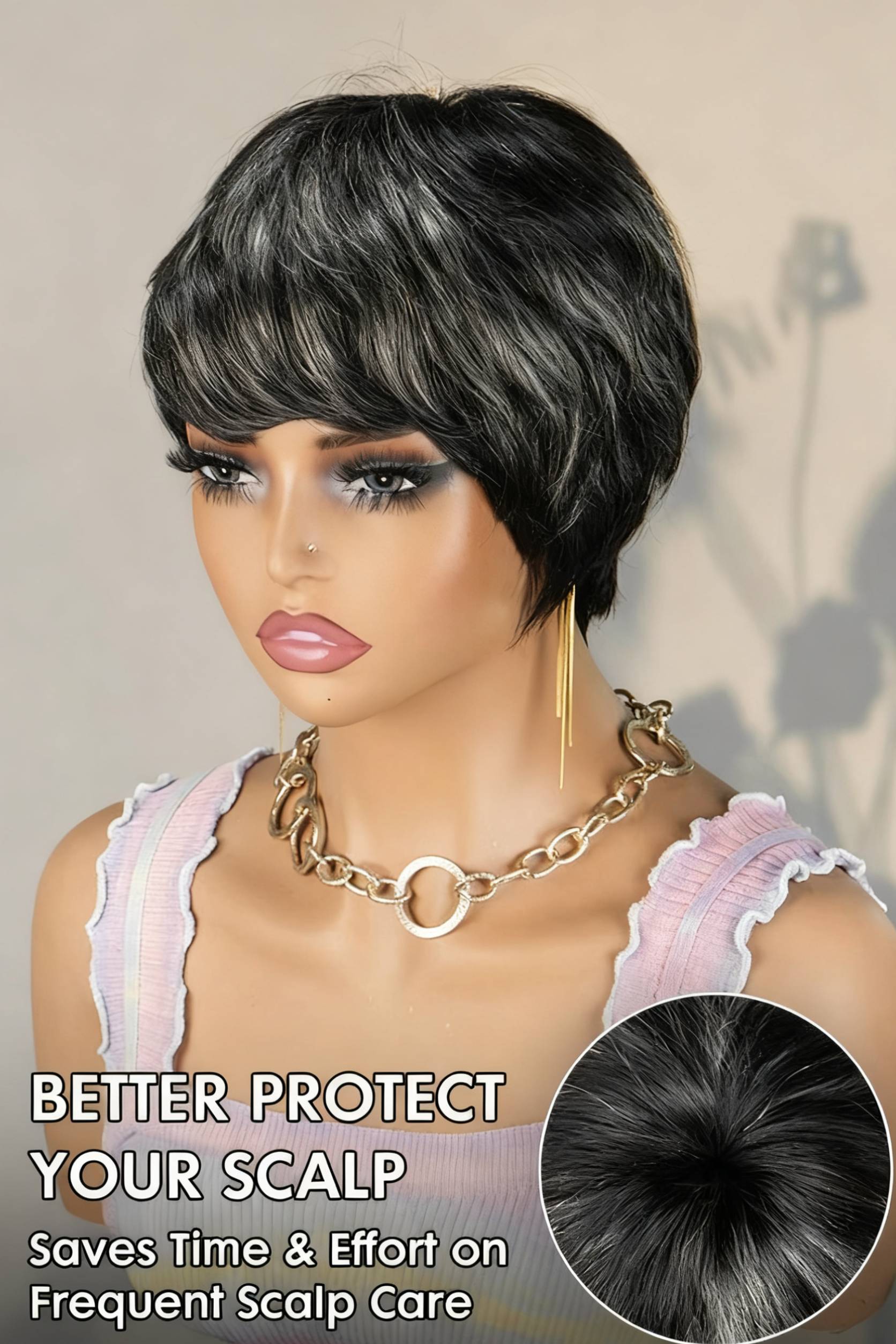 Onime #1B/GREY Salt and Peper Throw On & Go with Bangs Wig Pixie Cut Wig