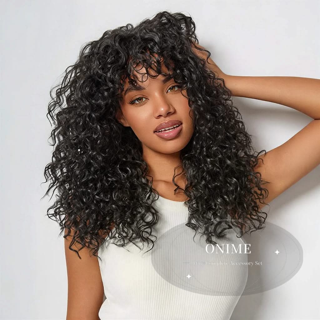 Put on and Go Boho Curly Blend Human Hair Wig with Bangs Effortless Shaggy Waves - Onime Hair