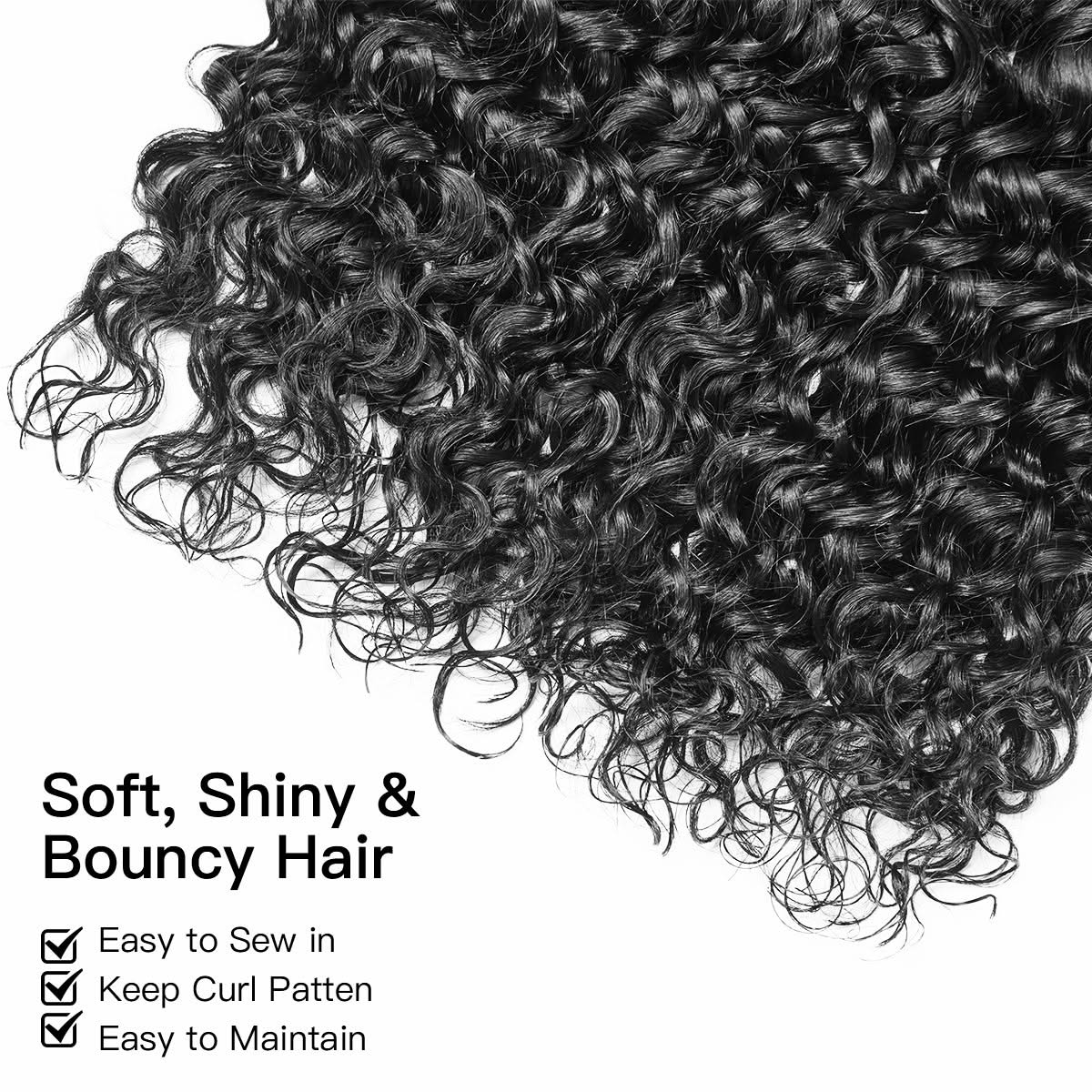 Wet look water wave hair bundles in natural black #1B, 12–28 inches, showcasing a soft and flowing texture.