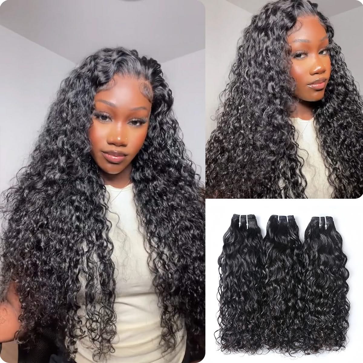 Wet look water wave hair bundles in natural black, 12-28 inches, showcasing soft, flowing texture and vibrant waves.