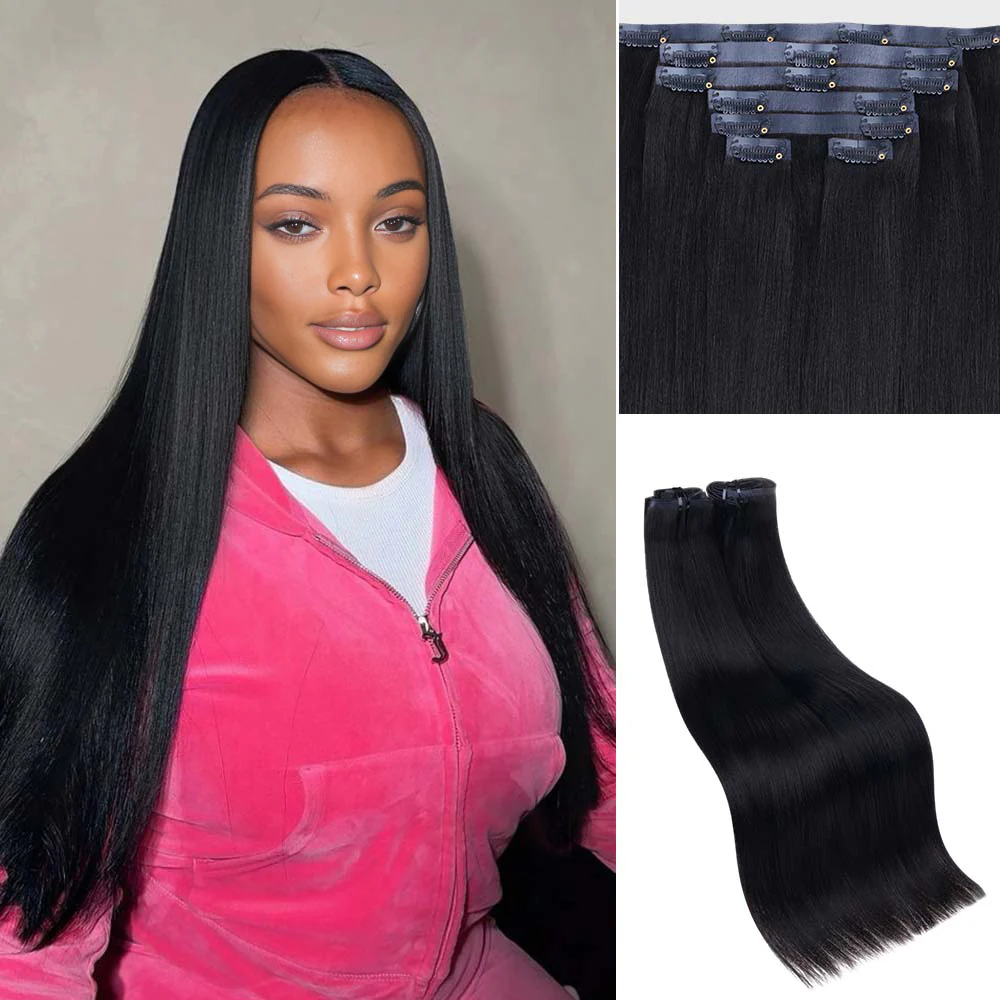 Onime Seamless Clip in Hair Extensions Super Flat Yaki Straight #1 Jet Black Real Human Hair