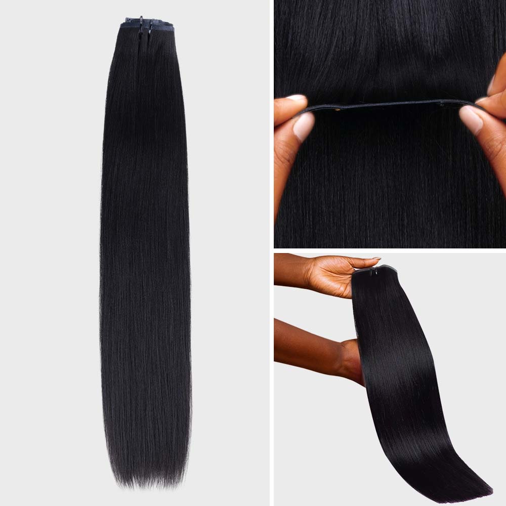 Onime Seamless Clip in Hair Extensions Super Flat Yaki Straight #1 Jet Black Real Human Hair