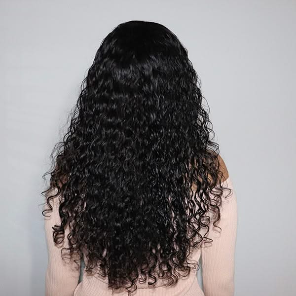 Long loose water wave 13x4 HD lace frontal wig with side part, 100% human hair, styled on a mannequin head by Onime Hair.