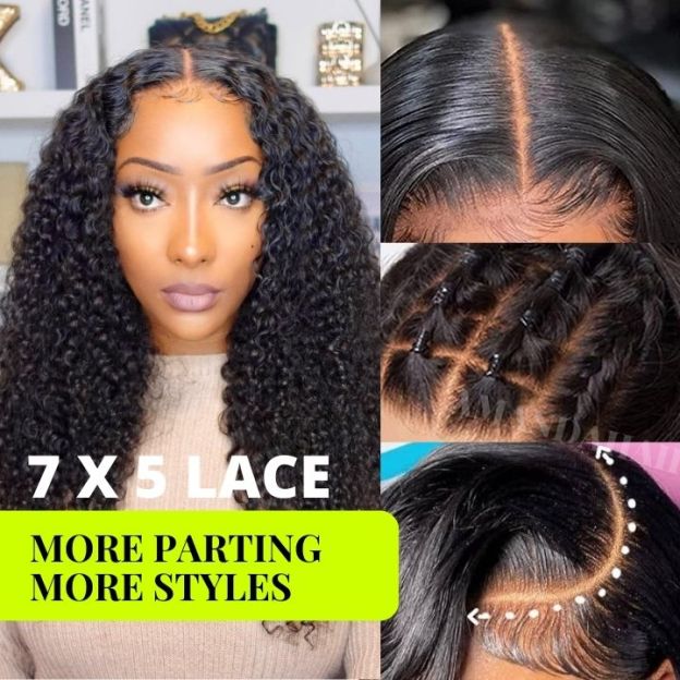 Onimehair™5x7 Jerry Curly Hair Undetectable Transparent HD Glueless V8  Lace Front  Wigs with Deep Hairline Free Part C Type Hairstyle