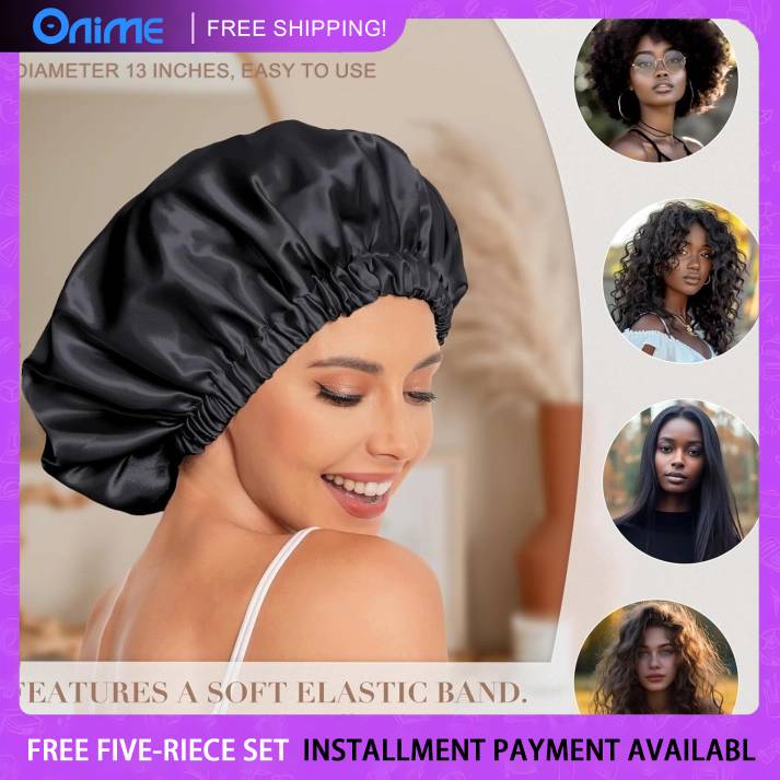 Satin Bonnet Silk Bonnet Hair Bonnet for Sleeping-Slouchy Beanie Hat Satin Sleep Cap for Women's Natural & Curly Hair(Black&Gray)