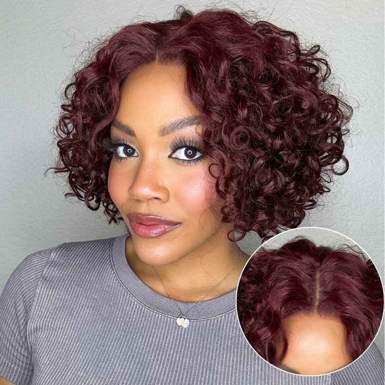 MySite Retro Curly 6x5 Glueless Lace Human Hair Wig with Bangs in color, showing curly hair and lace front detail