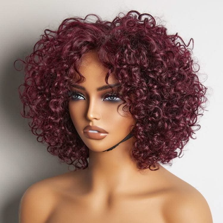 MySite Retro Curly 6x5 lace human hair wig with bangs in color, featuring 13x4 and 13x6 lace closure for a natural look.